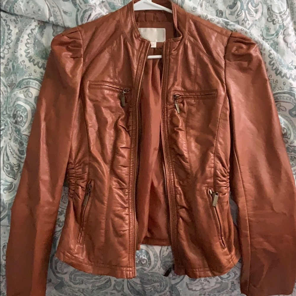 Brown leather cinched waist jacket